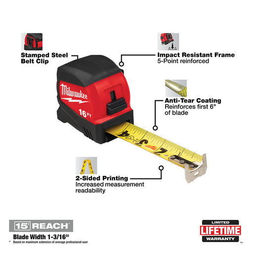 Milwaukee 48-22-0416 16' Compact Wide Blade Tape Measure - 2