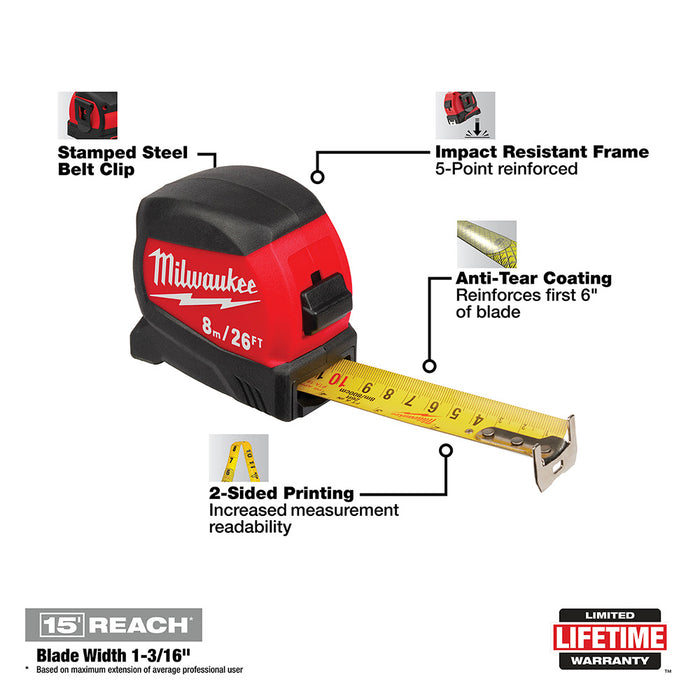 Milwaukee 48-22-0425 25' Compact Wide Blade Tape Measure - 2