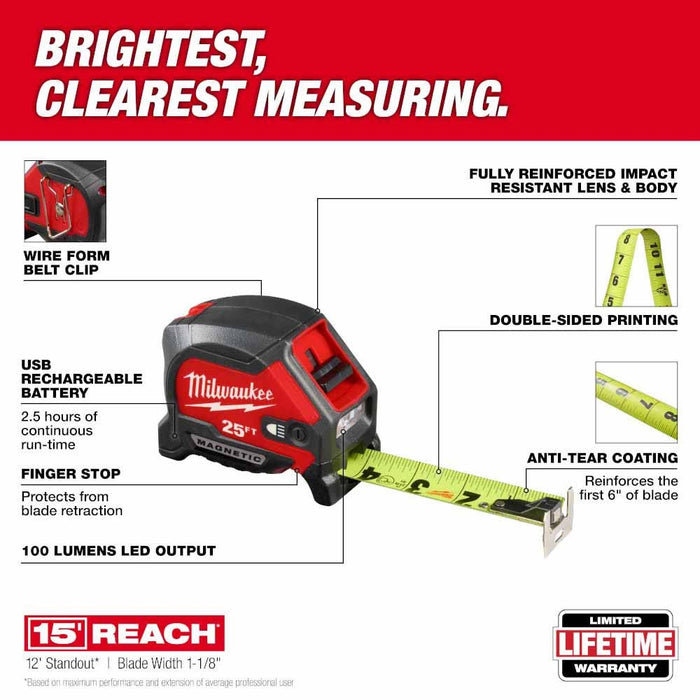 Milwaukee 48-22-0428 25" Compact Wide Blade Magnetic Tape Measure w/ Rechargeable 100 Lumen LED Light - 2