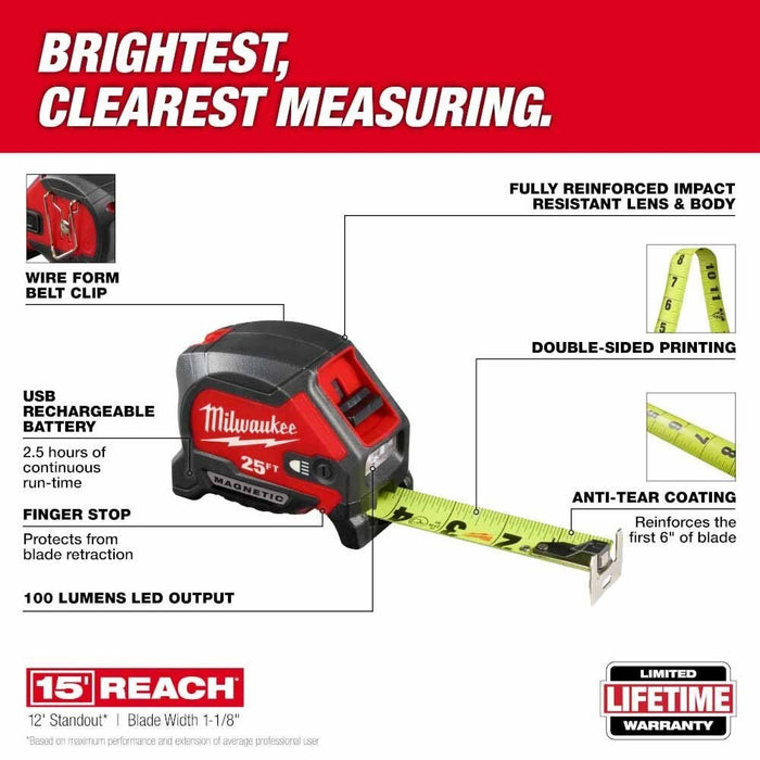 Milwaukee 48-22-0428 25" Compact Wide Blade Magnetic Tape Measure w/ Rechargeable 100 Lumen LED Light - 2