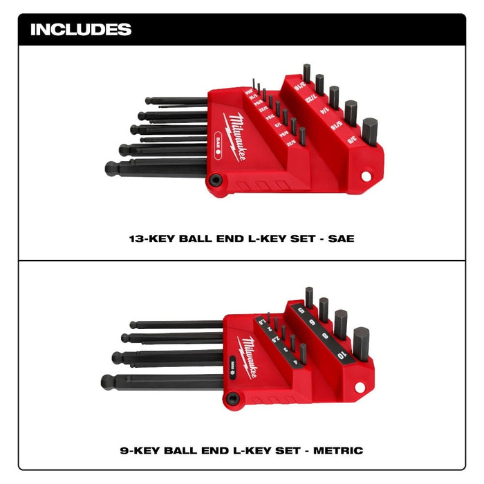 Milwaukee 48-22-2187 22-Key Ball End L-Key Set - SAE/Metric - 2