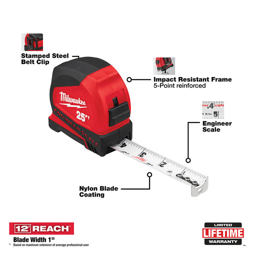 Milwaukee 48-22-6625E 25' Compact Tape Measure w/ Engineer Scale - 2