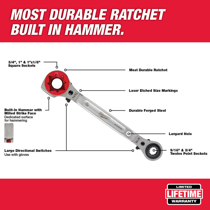 Milwaukee  48-22-9216M Lineman's 5in1 Racheting Wrench w/ Milled Face - 8