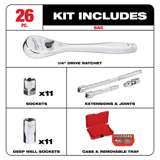 Milwaukee 48-22-9404 1/4" Drive 26 Piece Ratchet & Socket Set - SAE - 2