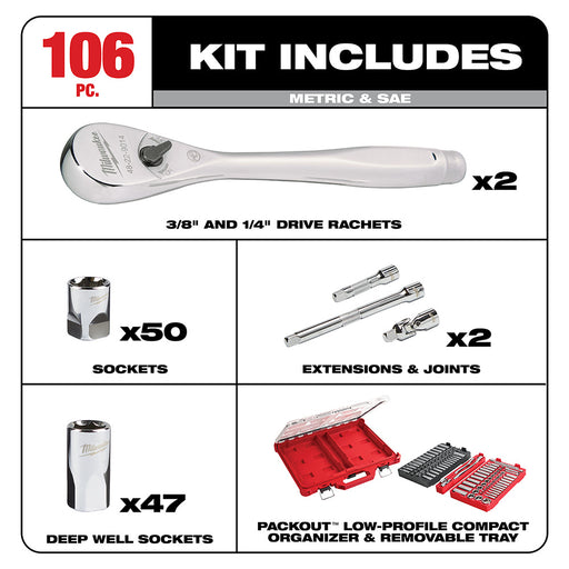 Milwaukee  48-22-9486 1/4" & 3/8”  106pc Ratchet and Socket Set in PACKOUT - SAE & Metric - 2