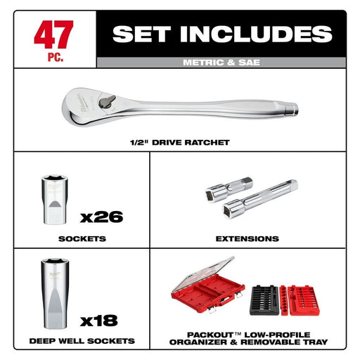 Milwaukee 48-22-9487 47PC 1/2" Drive Ratchet & Socket Set with PACKOUT Organizer - 2