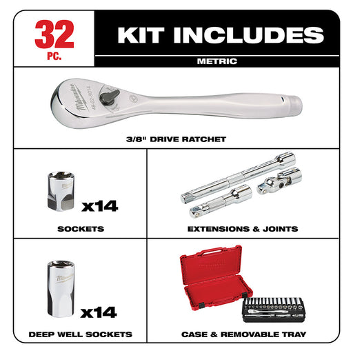 Milwaukee 48-22-9508 3/8" Drive 32 Piece Ratchet & Socket Set - Metric - 2