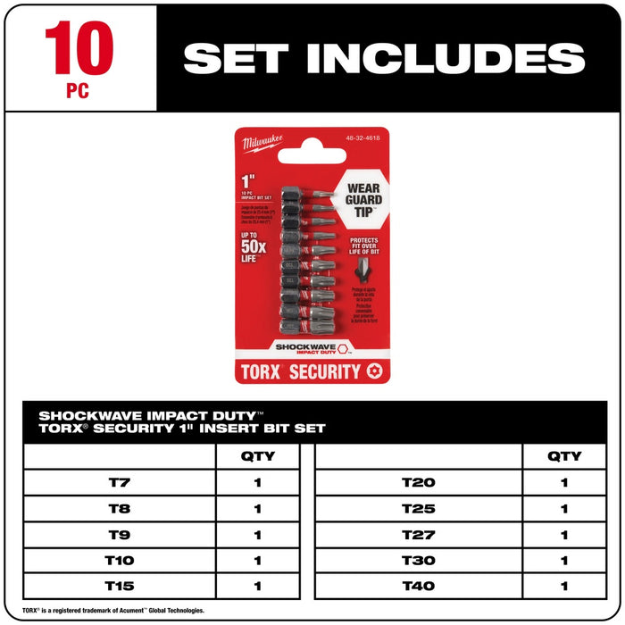 Milwaukee 48-32-4618 10 Piece SHOCKWAVE Torx Security Insert Bit Set - 3