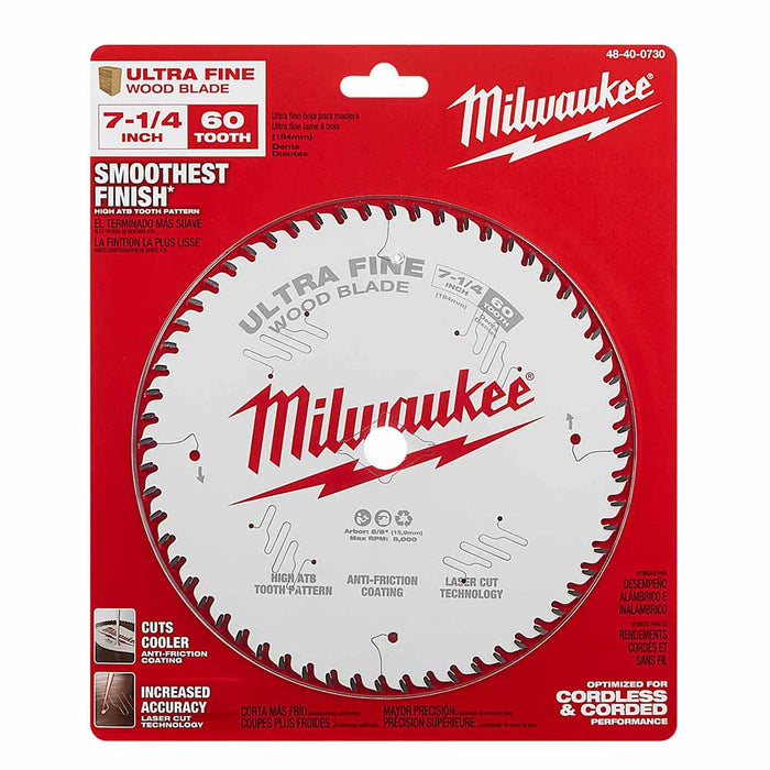 Milwaukee 48-40-0730 7-1/4" 60T Ultra Fine Finish Circular Saw Blade - 6