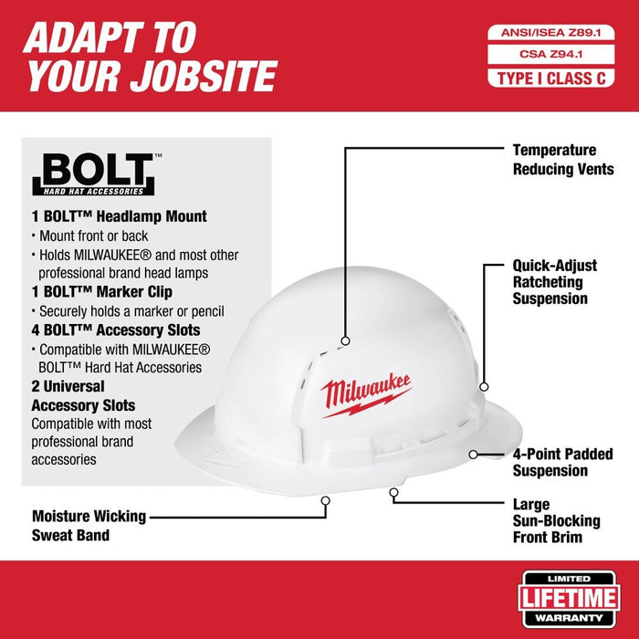 Milwaukee 48-73-1011 Full Brim Vented Hard Hat with BOLT Accessories Type 1 Class C White 12.5" x 6" x 10.2" - 4