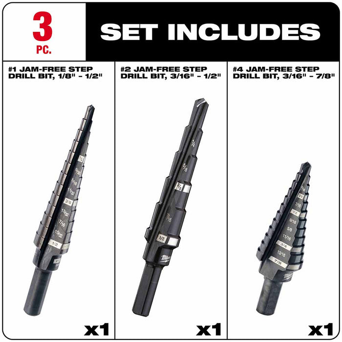 Milwaukee 48-89-9221 Dual-Flute 3pc Step Bit Set (#1, #2, #4) - 8