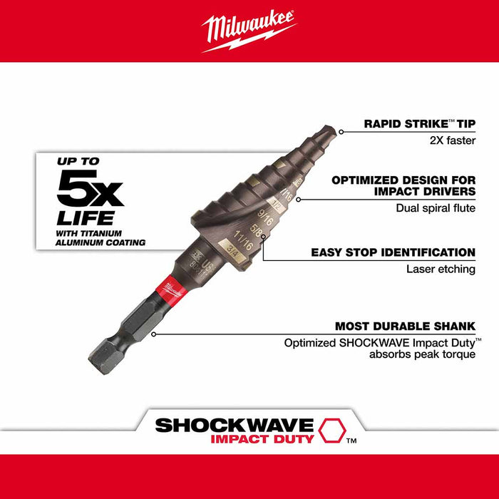 Milwaukee 48-89-9243 SHOCKWAVE Impact Duty Step Bit #3 3/16 - 3/4" - 4