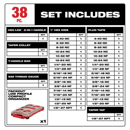 Milwaukee 49-22-5604 38PC SAE Tap & Die PACKOUT Set w/ Hex-LOK 2-in-1 Handle - 2