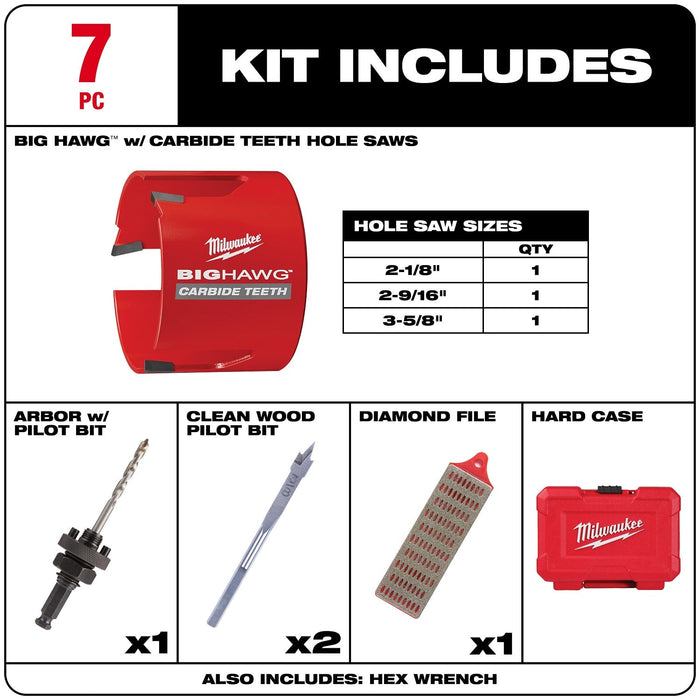 Milwaukee 49-56-9280 7 Piece Big Hawg with Long Life 10X Larger Carbide Teeth Kit - 3