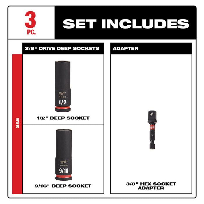 Milwaukee 49-66-4417 Shockwave 3 PC SAE Thin Wall Deep Impact Socket Set, 1/2" & 9/16" X 3/8" DR