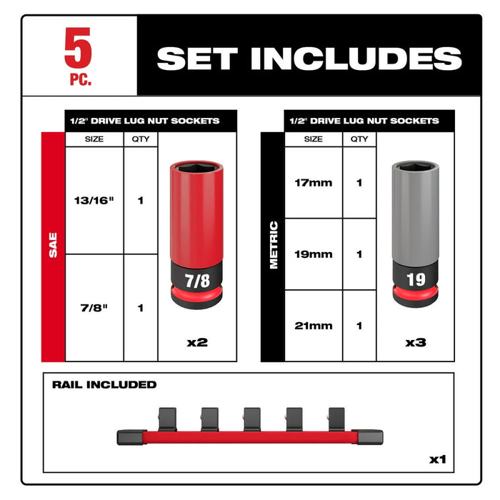 Milwaukee 49-66-7831 SHOCKWAVE Impact Duty 1/2 Drive SAE & Metric 5PC Lug Nut Wheel Socket Set - 4