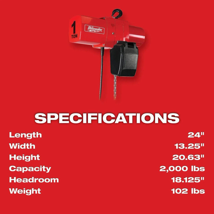 Milwaukee 9568 1 Ton Electric Chain Hoist - 20 ft. - 3