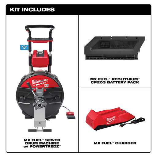 Milwaukee MXF501-1CP MX FUEL POWERTREDZ Sewer Drum Machine Drain Cleaner Kit w/ Battery and Charger - 2