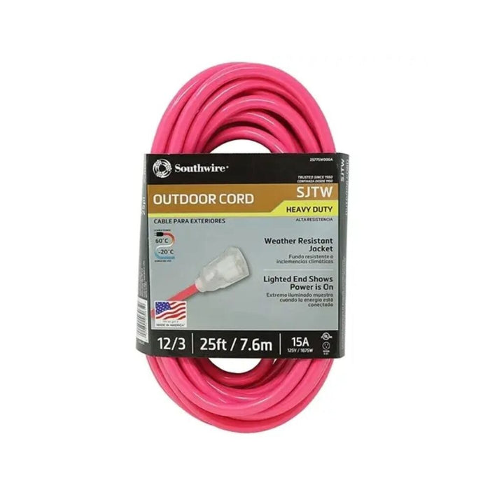 Southwire 2577SW000A 25' Extension Cord, 12/3 Gauge SJTW (Weather Resistant), Cool Pink Color, Low Energy Switch+ - 3
