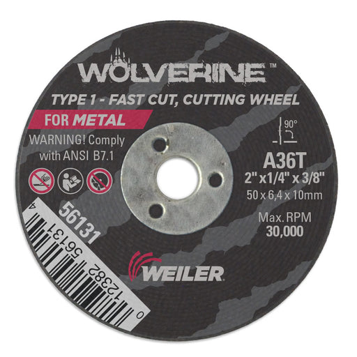 Weiler 56131 2" x 1/4" Wolverine Type 1 Snagging Wheel, A36T, 3/8"A.H.