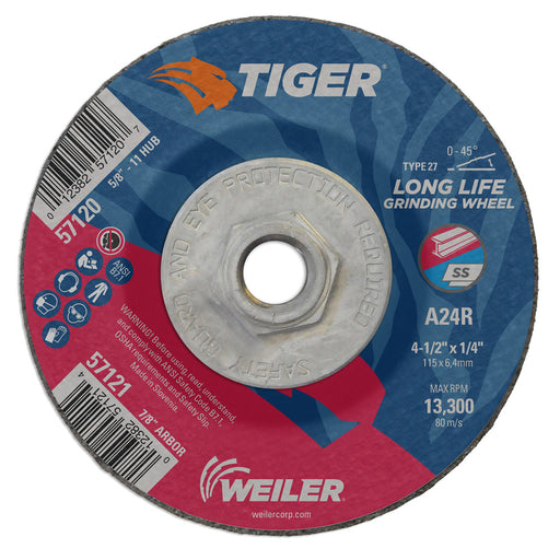 Weiler 57120 4-1/2" x 1/4" Tiger  Type 27 Grinding Wheel, A24R, 5/8"-11 UNC Nut