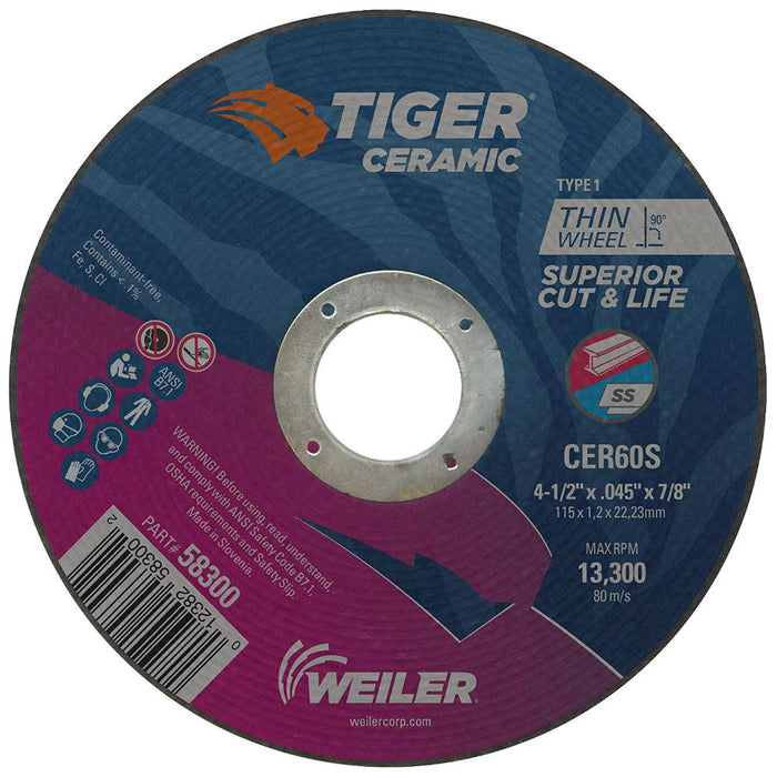 Weiler 58300 4.5 X .045 X 7/8 CER60S T1 Tiger Ceramic Cutting Wheel