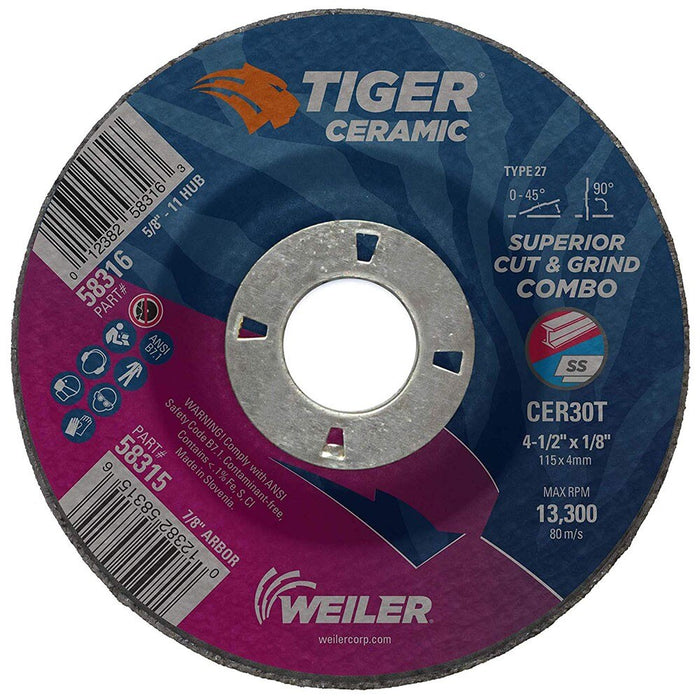 Weiler 58315 4.5 X 1/8 X 7/8 CER30T T27 Tiger Ceramic Combo Wheel