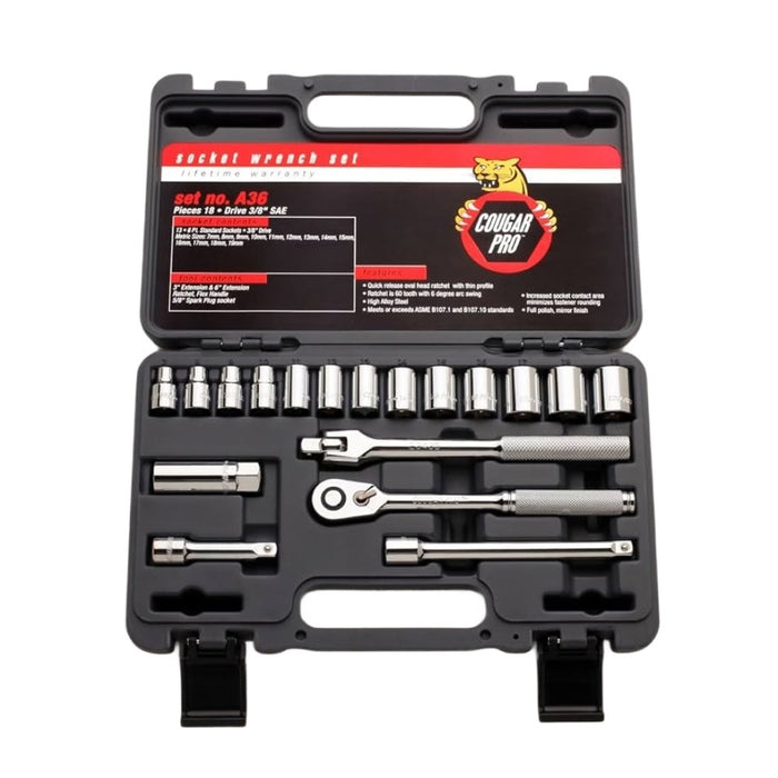 Wright Tool A36 3/8" Drive 18 Piece Standard Cougar Pro Sockets Set