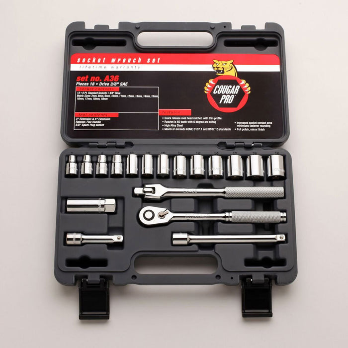 Wright Tool A36 3/8" Drive 18 Piece Standard Cougar Pro Sockets Set