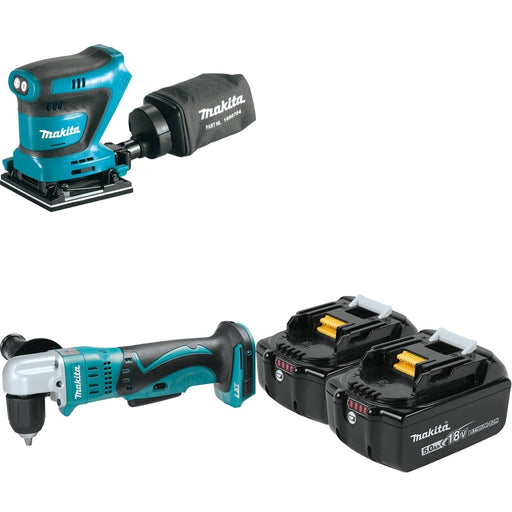 Makita XAD02Z 3/8" Angle Drill W/ XOB02Z 1/4 Sheet Finishing Sander and BL1850B-2 5.0Ah Battery