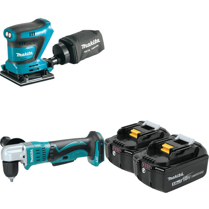 Makita XAD02Z 3/8" Angle Drill W/ XOB02Z 1/4 Sheet Finishing Sander and BL1850B-2 5.0Ah Battery