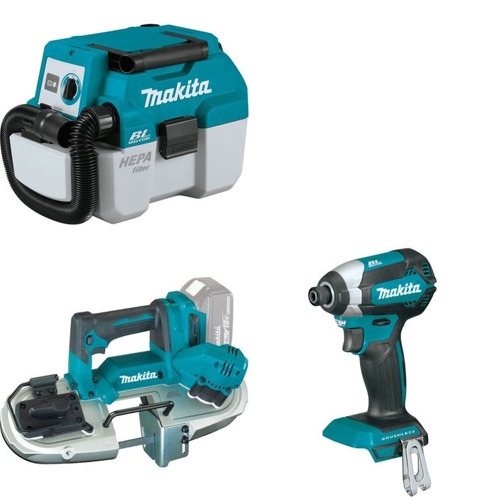 Makita XBP04Z Compact Band Saw W/ XCV11Z Wet/Dry Vacuum and FREE XDT13Z Impact Driver