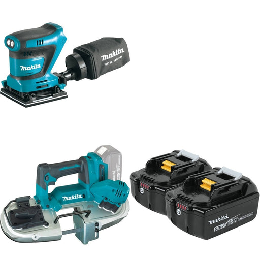 Makita XBP04Z 18V LXT Band Saw W/ XOB02Z 1/4 Sheet Finishing Sander and BL1850B-2 5.0Ah Battery