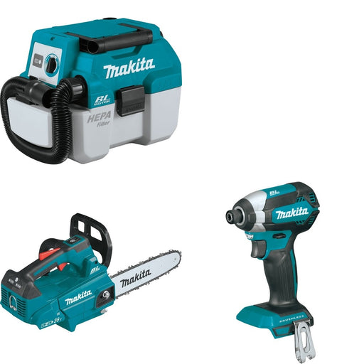 Makita XCU08Z Top Handle Chain Saw W/ XCV11Z Wet/Dry Vacuum and FREE XDT13Z Impact Driver