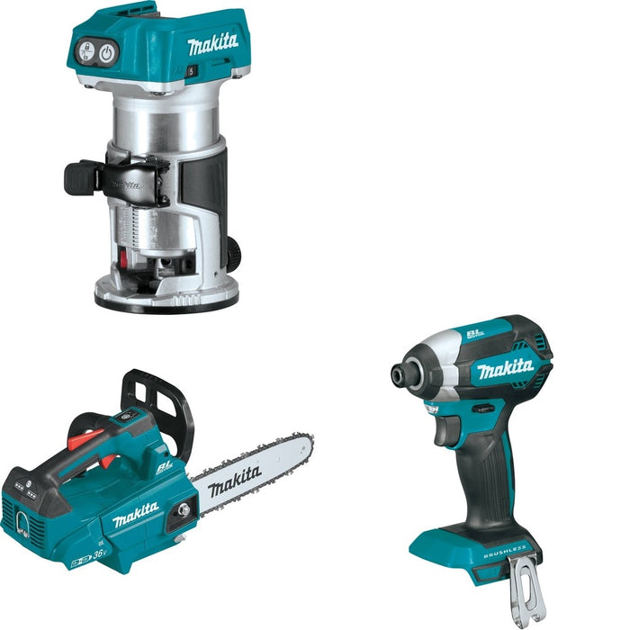 Makita XCU08Z Top Handle Chain Saw W/ XTR01Z Compact Router and FREE XDT13Z Impact Driver
