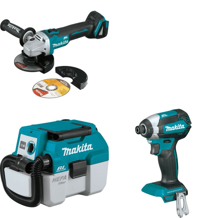 Makita XCV11Z Wet/Dry Vacuum W/ XAG09Z Angle Grinder and FREE XDT13Z Impact Driver