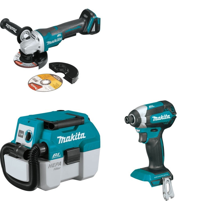 Makita XCV11Z Wet/Dry Vacuum W/ XAG11Z Angle Grinder and FREE XDT13Z Impact Driver