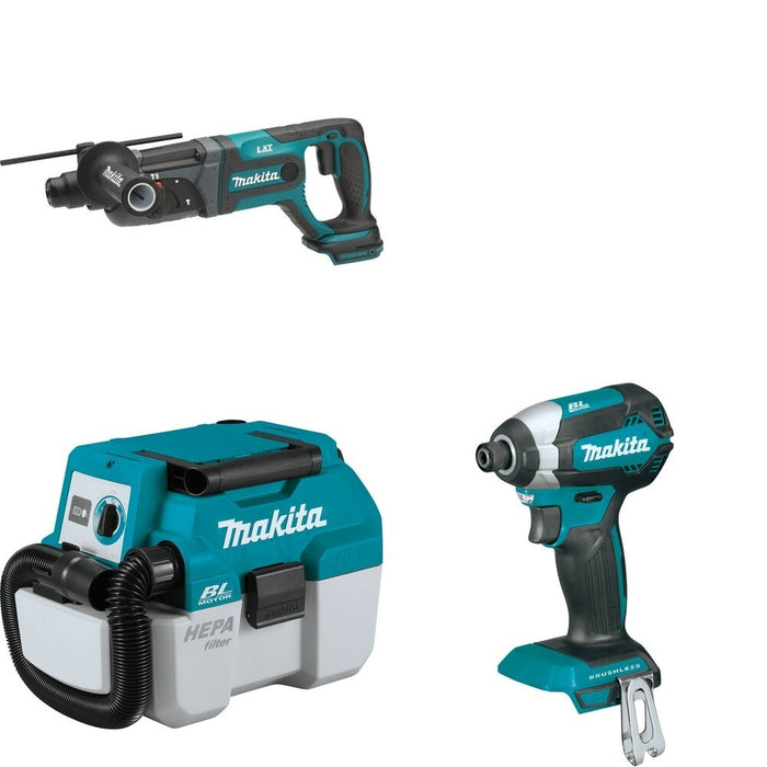 Makita XCV11Z Wet/Dry Vacuum W/ XRH04Z Rotary Hammer and FREE XDT13Z Impact Driver