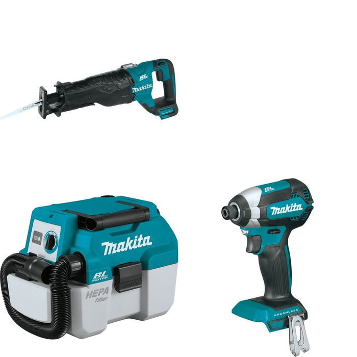 Makita XCV11Z Wet/Dry Vacuum W/ XRJ05Z Recipro Saw and FREE XDT13Z Impact Driver