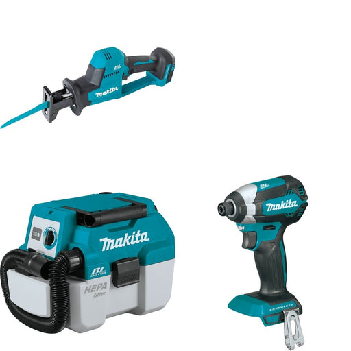 Makita XCV11Z Wet/Dry Vacuum W/ XRJ08Z Recipro Saw and FREE XDT13Z Impact Driver
