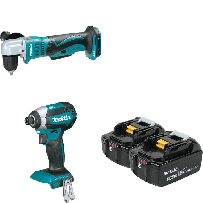 Makita XDT13Z Impact Driver Bare Tool W/ XAD02Z 3/8" Angle Drill and BL1850B-2 5.0Ah Battery, 2