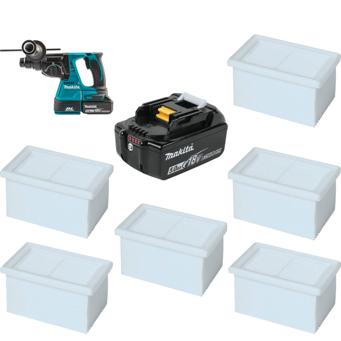 Makita XRH011TWX 1" Rotary Hammer Kit W/ FREE BL1850B Battery and FREE 197556-3 HEPA Filter, 6 Pack