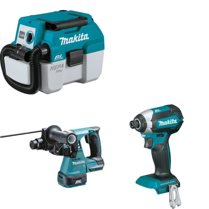 Makita XRH01Z Rotary Hammer W/ XCV11Z Wet/Dry Vacuum and FREE XDT13Z Impact Driver