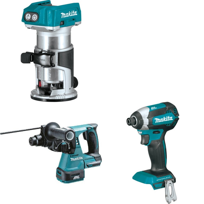 Makita XRH01Z Rotary Hammer W/ XTR01Z Compact Router and FREE XDT13Z Impact Driver