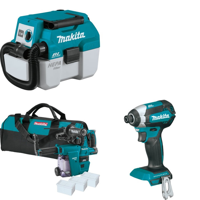 Makita XRH01ZWX Rotary Hammer W/ XCV11Z Wet/Dry Vacuum and FREE XDT13Z Impact Driver