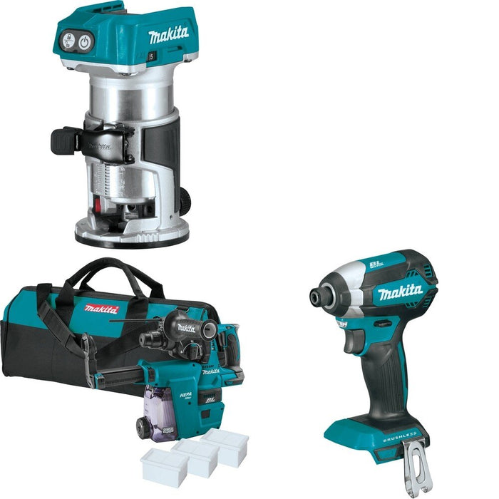 Makita XRH01ZWX Rotary Hammer W/ XTR01Z Compact Router and FREE XDT13Z Impact Driver