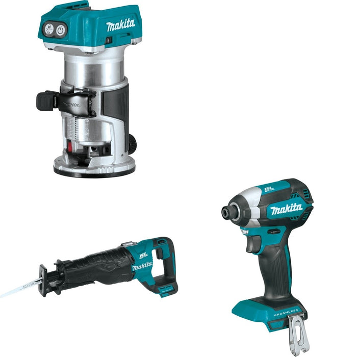 Makita XRJ05Z Recipro Saw W/ XTR01Z Compact Router and FREE XDT13Z Impact Driver