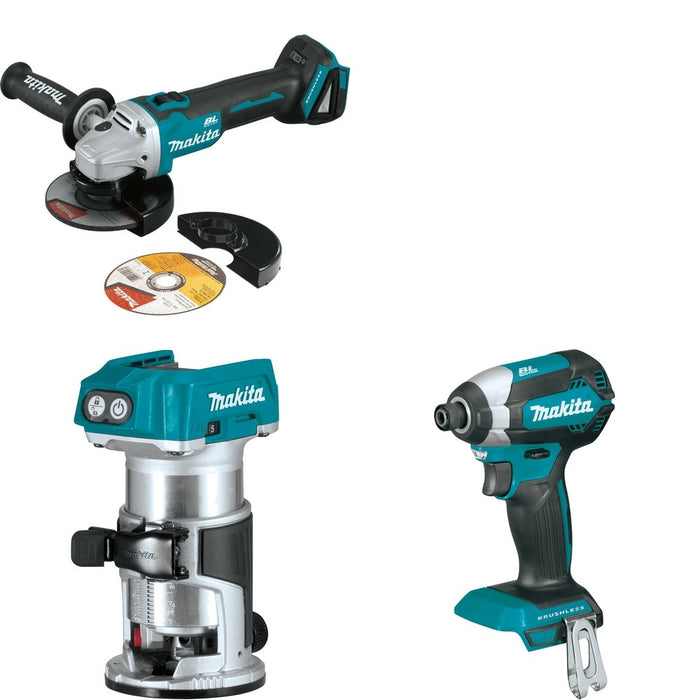 Makita XTR01Z Compact Router W/ XAG09Z Angle Grinder and FREE XDT13Z Impact Driver