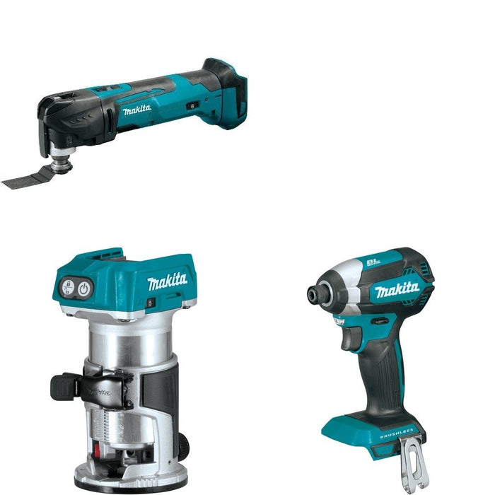 Makita XTR01Z Compact Router W/ XMT03Z Oscillating Multi-Tool and FREE XDT13Z Impact Driver