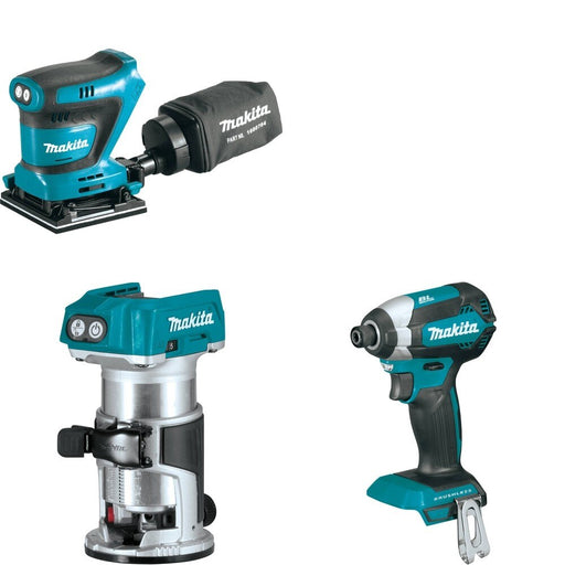 Makita XTR01Z Compact Router W/ XOB02Z Finishing Sander and FREE XDT13Z Impact Driver